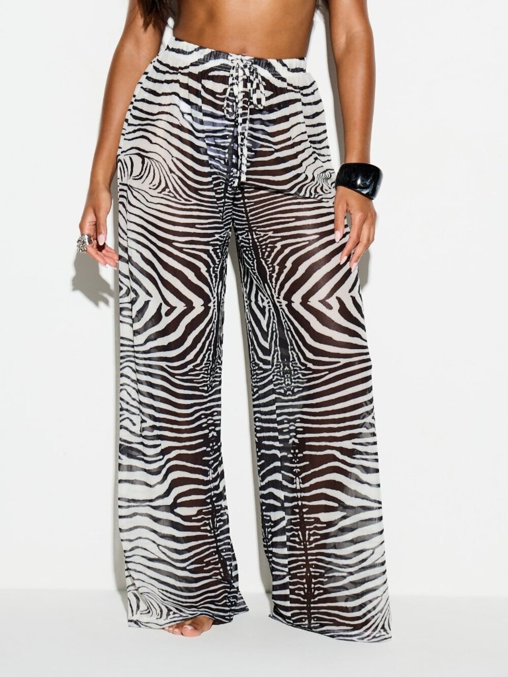 Black And White Beach Women's Zebra Print Sheer Mesh Wide Leg Cover Up Trouser